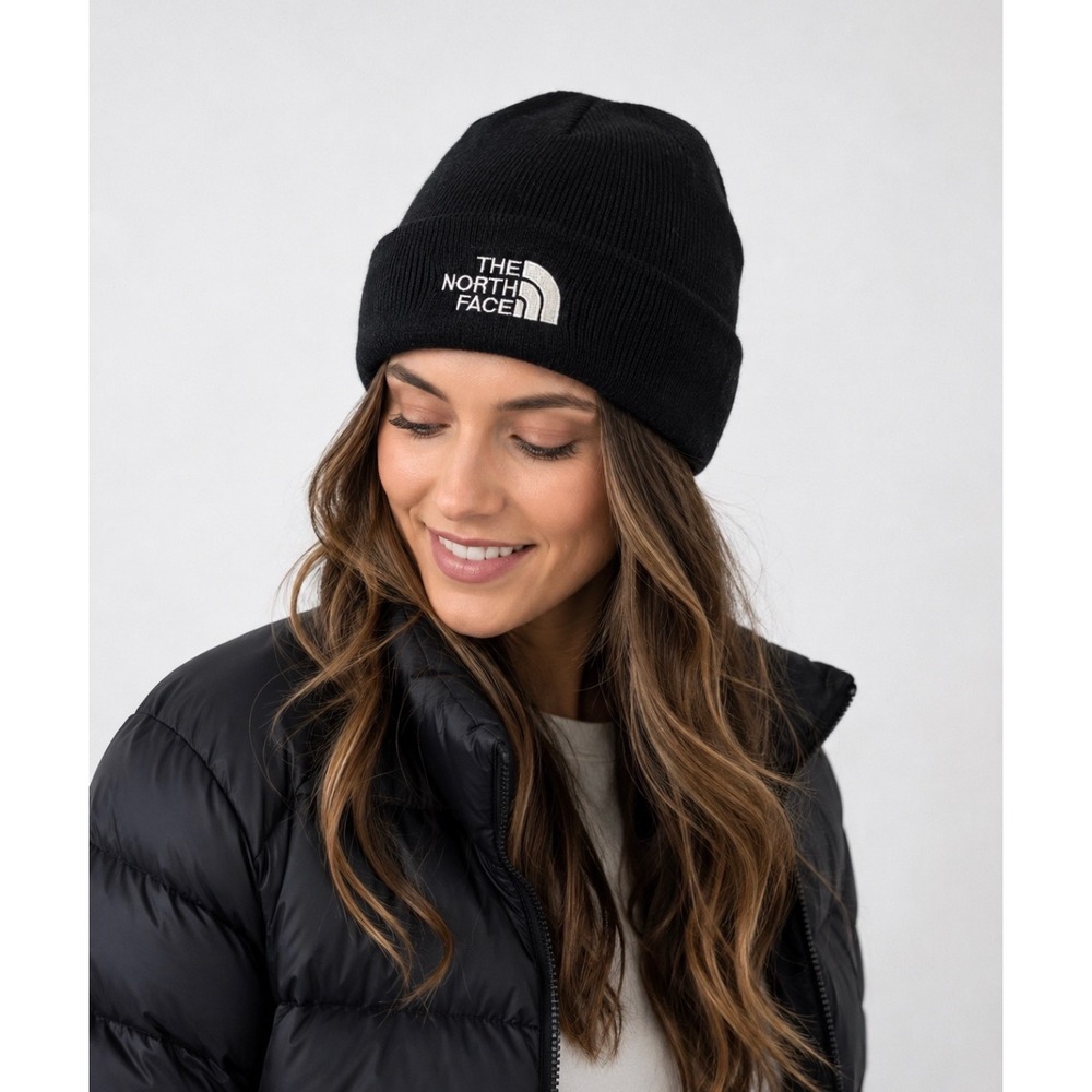 The North Face Black Knit Beanie Hat Embroidered Logo Cuffed Winter Skull Cap